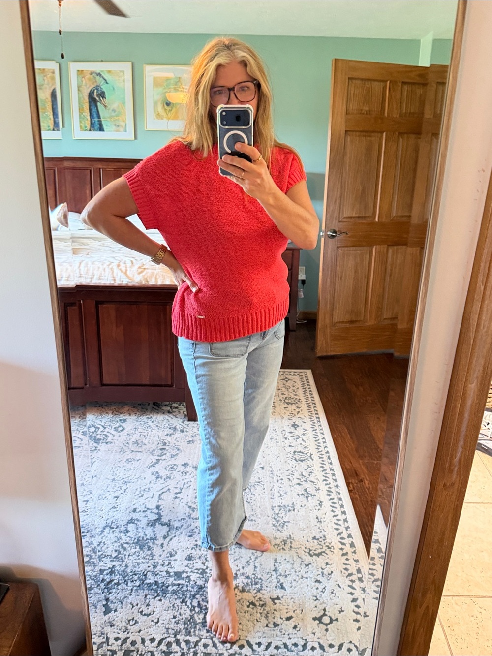 Jones New York Coral Red Short-Sleeve Crew Neck Sweater